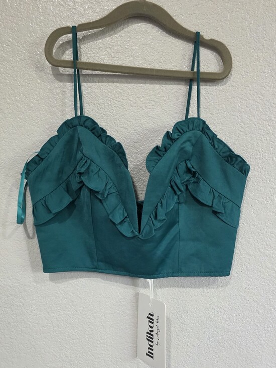 indekah Tops - Teal Ruffle V-Neck Crop Top